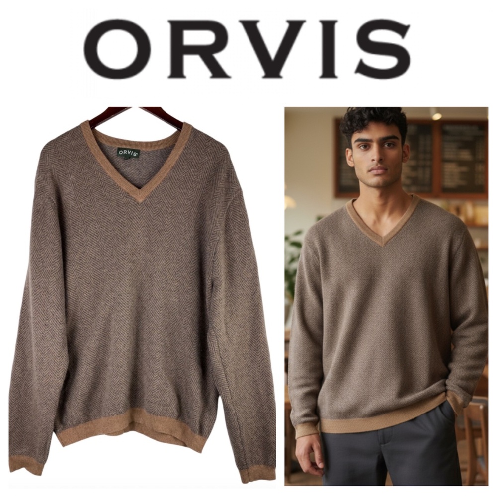 Orvis Mens Sz Large Sweater Pullover 100% Cashmere Brown Tan Herringbone SOFT!